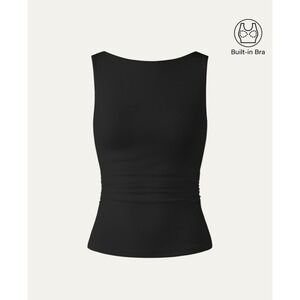OGL Plantive Elastic Open Back Bra Tank Women XS Black Ribbed Boat Neck Ruched